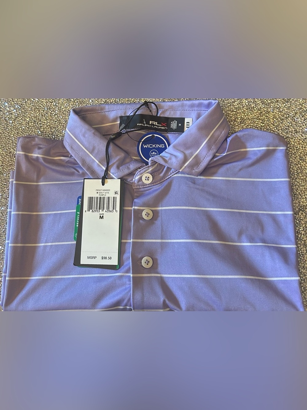 RLX Ralph Lauren Men’s Lavender and White Striped Golf Performance Polo Size M